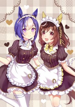 2girls animal_ears apron blue_hair blush bow braid breasts brown_hair brown_shirt brown_skirt buena_vista_(umamusume) cesario_(umamusume) closed_mouth commentary_request crown_braid hair_between_eyes hairband headdress heart highres horse_ears horse_girl horse_tail looking_at_viewer medium_breasts medium_hair mochiusasa multicolored_hair multiple_girls open_mouth purple_eyes shirt short_hair short_sleeves skirt smile socks tail thighhighs umamusume waist_apron waitress white_apron white_hair white_headdress white_socks white_thighhighs yellow_bow