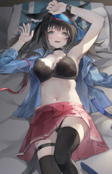 1girl absurdres animal_ears arknights arms_up bed belt belt_buckle black_choker black_hair black_panties black_tail black_thighhighs blaze_(arknights) blaze_(explosive_blue_flame)_(arknights) blue_belt blue_eyes blue_shirt bra breasts buckle cat_ears cat_girl cat_tail chinese_commentary choker cleavage collarbone commentary_request cowboy_shot fangs feet head_on_pillow highres infection_monitor_(arknights) koshouko_(fenrisulfr1010) large_breasts long_hair looking_at_viewer lying midriff miniskirt mixed-language_commentary navel official_alternate_costume on_back on_bed open_mouth panties partial_commentary pillow pink_skirt pleated_skirt shirt skirt solo striped_clothes striped_shirt tail thigh_strap thighhighs toes underwear unworn_belt vertical-striped_clothes vertical-striped_shirt