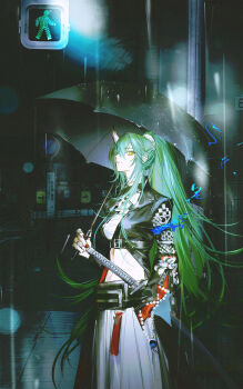 1girl arknights arrow_(symbol) beads belt belt_buckle black_belt black_jacket buckle city closed_mouth cowboy_shot crop_top green_hair hair_between_eyes hand_in_pocket high_belt high_ponytail highres holding holding_umbrella horns hoshiguma_(arknights) hoshiguma_the_breacher_(arknights) huangdanlan jacket leather leather_jacket long_hair looking_at_viewer night outdoors ponytail rain road_sign sign single_horn skirt solo standing traffic_light umbrella very_long_hair white_horns white_skirt yellow_eyes