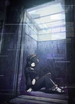 1girl black_eyes black_hair black_ribbon black_shoes black_skirt blood blood_on_wall blouse ceiling_light distortion elevator eyeball frills gothic_lolita hairband highres horror_(theme) indoors juliet_sleeves ketopon lolita_fashion lolita_hairband long_skirt long_sleeves mary_janes medium_hair monster neck_ribbon on_floor original pale_skin puffy_sleeves purple_blood ribbon shirt shoes sitting skirt solo
