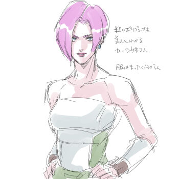 1girl bare_shoulders character_request closed_mouth commentary_request earrings green_eyes highres jewelry legaia_densetsu leo_schugger lipstick looking_at_viewer makeup pink_hair short_hair simple_background sketch solo white_background