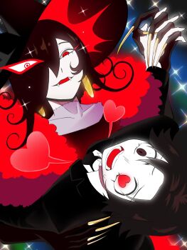 2girls ado_(utaite) black_hair brown_eyes cass_giocata character_request dancing earrings fangs fingernails hashtag-only_commentary hat heart heart_in_eye highres implied_yuri jewelry long_hair magic_(ado) multiple_girls open_mouth red_eyes sharp_fingernails short_hair smile symbol-shaped_pupils symbol_in_eye teeth usui_usui vampire very_long_fingernails