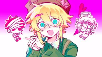 Rule 34 | 2boys, basil (birthday) (omori), basil (faraway) (omori), basil (omori), blonde hair, blue eyes, blush, blush stickers, bright pupils, brown hat, cardigan, chibi, collared shirt, commentary, crossed bangs, double-parted bangs, fake halo, flower, flower wreath, gongs0313, gradient background, green cardigan, hair between eyes, halo, hat, head wreath, interlocked fingers, long sleeves, looking at viewer, male focus, multiple boys, newsboy cap, omori, open mouth, own hands clasped, own hands together, pink background, shirt, short hair, short sleeves, sidelocks, smile, sunny (omori), sweater vest, symbol-only commentary, two-tone background, upper body, white background, white pupils, white shirt