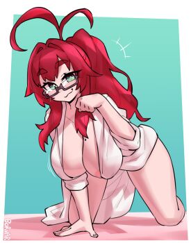 +++ 1girl :3 absurdres all_fours antenna_hair areola_slip artist_name border borvar breasts choppy_bangs cleavage closed_mouth coat commentary english_commentary full_body glasses green_background green_eyes hair_intakes hand_up hanging_breasts highres kimi_no_koto_ga_dai_dai_dai_dai_daisuki_na_100-nin_no_kanojo lab_coat large_breasts long_hair looking_at_viewer mole mole_on_breast naked_coat naked_lab_coat paw_pose ponytail red_hair semi-rimless_eyewear sidelocks sleeves_rolled_up smile solo thick_eyebrows under-rim_eyewear white_border white_coat yakuzen_kusuri yakuzen_kusuri_(older)