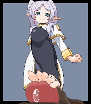 1boy 1girl animated animated_gif black_border blue_background border capelet censored clenched_hand commission cum disgust earrings ejaculation elf feet footjob frieren frown green_eyes grey_hair hetero jewelry looking_down mosaic_censoring no_shoes outside_border parted_bangs penis pixel_art pointy_ears precum scowl simple_background skeb_commission sousou_no_frieren stirrup_legwear toeless_legwear toes twintails uramomo white_capelet