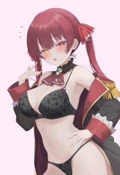 1girl absurdres arrow_through_heart ascot black_bra black_panties blue_gem blush bow bow_bra bow_panties bra breasts cleavage fang gem hair_ribbon heterochromia highres hololive houshou_marine houshou_marine_(1st_costume) jacket lace lace_bra lace_panties large_breasts long_hair looking_at_viewer navel nishiki_vx no_eyepatch notice_lines panties red_ascot red_eyes red_hair red_jacket ribbon simple_background skin_fang solo twintails underwear virtual_youtuber yellow_eyes