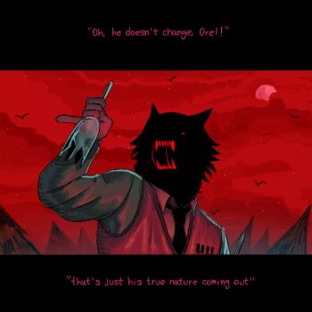1boy bottle clay_puppington claymton collared_shirt fangs highres holding holding_bottle male_focus moral_orel necktie night open_mouth outdoors saliva shirt solo source_quote teeth vest white_shirt wolf wolf_boy