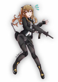 1girl ankle_boots bad_id bad_pixiv_id boots brown_hair clothes_lift fang female_focus feyoi fingerless_gloves girls'_frontline gloves gun h&amp;k_ump highres holding holding_weapon hook lace-up_boots open_mouth panties panties_under_pantyhose pantyhose skirt skirt_lift skirt_tug solo twintails ump9_(girls'_frontline) underwear weapon