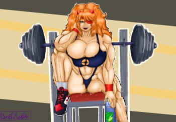 absurdres beefmaster blue_eyes breasts drink exercising eyepatch gym highres huge_breasts laughing liquid orange_hair sweat sweatdrop team_fortress_2 weightlifting zess_(zesty_jesus)