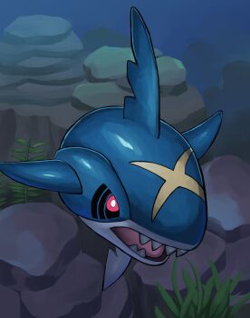 absurdres bright_pupils commentary_request gen_3_pokemon highres jira_(ziraiya26) looking_at_viewer nintendo no_humans open_mouth pink_eyes pokemon pokemon_(creature) pokemon_focus sharpedo solo teeth tongue underwater white_pupils