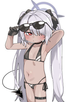 1girl absurdres armpits bikini blue_archive deep_skin demon_tail female_focus flat_chest grey_hair hair_ribbon highres iori_(blue_archive) legs loli long_hair long_twintails navel ntkt5837 pointy_ears ribbon side-tie_bikini_bottom solo stomach sunglasses sunglasses_on_head swimsuit tail thigh_strap thighs twintails white_background