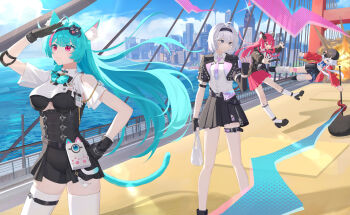 Rule 34 | 4girls, absurdres, ahoge, animal ear fluff, animal ears, black gloves, black leotard, black skirt, bridge, cat ears, cat girl, cat tail, chinese commentary, commentary request, cropped jacket, explosion, fingerless gloves, flying kick, gloves, highres, kicking, kiroumaru (neverness to everness), leotard, long hair, looking at viewer, mint (neverness to everness), multiple girls, nanally (neverness to everness), necktie, neverness to everness, pink eyes, pink hair, pink necktie, sakiri (neverness to everness), shirt, short hair, sidelocks, skirt, tail, thigh strap, thighhighs, very long hair, w-baiye, white hair, white shirt, white thighhighs