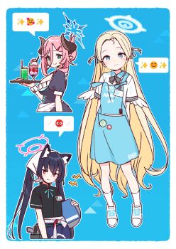3girls :| angel&#039;s_24_uniform_(blue_archive) animal_ear_fluff animal_ears arms_behind_back black_hair blonde_hair blue_archive blue_background blue_eyes blue_halo blush breasts cat_ears cat_girl closed_mouth commentary_request demon_girl demon_horns forehead frown full_body green_eyes halo headscarf highres holding horns juri_(blue_archive) juri_(part-time)_(blue_archive) long_hair looking_at_viewer multiple_girls official_alternate_costume official_alternate_hairstyle parted_bangs pink_hair pink_halo red_eyes red_halo serika_(blue_archive) serika_(waitress)_(blue_archive) simple_background small_breasts smile sora_(blue_archive) standing straight_hair trait_connection twintails upper_body v-shaped_eyebrows very_long_hair white_headscarf yoru_nai