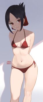 1girl absurdres arms_behind_back artist_name bikini black_hair breasts carlo_montie closed_mouth collarbone cowboy_shot folded_ponytail highres kaguya-sama_wa_kokurasetai_~tensai-tachi_no_renai_zunousen~ looking_at_viewer navel red_bikini red_eyes shinomiya_kaguya side-tie_bikini_bottom signature simple_background small_breasts smile solo stomach swimsuit thighs
