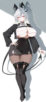 1girl absurdres alternate_costume black_boots black_horns black_jacket black_skirt boots breasts brown_pantyhose chest_harness closed_mouth collared_shirt crop_top cropped_jacket crossed_bangs curled_horns demon_tail drop_shadow full_body hair_between_eyes hand_on_own_hip harness highres horns jacket jianjia_(pixiv65586691) large_breasts long_hair long_sleeves looking_at_viewer open_clothes open_jacket pantyhose red_eyes shadow shirt sidelocks simple_background skindentation skirt smile solo standing standing_on_one_leg tail thigh_boots underboob white_background white_shirt wuthering_waves zani_(wuthering_waves)