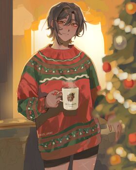 brown_hair christmas christmas_sweater christmas_tree closed_mouth cup dark-skinned_female dark_skin highres holding holding_cup lets_lam3nt limbus_company looking_at_viewer mug outis_(project_moon) parted_bangs project_moon short_hair smile sweater twitter_username yellow_eyes