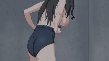 Rule 34 | 1girl, animated, animated gif, anime screenshot, ass, black hair, blue one-piece swimsuit, blush, breasts, commentary request, kinme wakana, kirei ni shitemoraemasuka, large breasts, long hair, nipples, one-piece swimsuit, sincos, solo, swimsuit, undressing