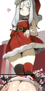 1boy 1girl absurdres anger_vein anus ass bare_shoulders belt blush breasts deko_morii dress fate/stay_night fate_(series) fur-trimmed_dress fur-trimmed_headwear fur_trim gloves grabbing_another's_breast groping hat hetero highres illyasviel_von_einzbern loli long_hair looking_at_viewer multiple_views out-of-frame_censoring red_dress red_eyes red_gloves red_hat red_thighhighs santa_costume santa_dress santa_hat sex sidelocks single_glove small_breasts sweat thighhighs white_hair