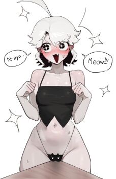 Rule 34 | + +, 1girl, absurdres, ahoge, bare legs, bare shoulders, bikini, bikini bottom only, black nails, black panties, black shirt, black tank top, blush, breasts, cameltoe, crop top, desk, do you want to pet my cat (meme), embarrassed, english text, fang, highres, looking to the side, medium hair, meme, menchi (radon86 nya), messy hair, midriff, navel, non-web source, open mouth, original, pale skin, panties, paw pose, radon86 nya, shirt, simple background, small breasts, solo, spaghetti strap, sparkle, speech bubble, sweat, sweatdrop, swimsuit, table, tank top, thighhighs, third-party source, underwear, upper body, white background, white hair, wide hips