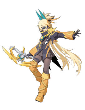 1girl absurdres black_coat black_dress black_gloves black_hair black_pantyhose blonde_hair boots bow_(weapon) capsems coat colored_tongue commentary dress genderswap genderswap_(mtf) gloves goz-zz highres holding holding_bow_(weapon) holding_weapon kamen_rider kamen_rider_zeztz kamen_rider_zeztz_(series) long_hair long_sleeves multicolored_hair neck_pillow open_mouth pantyhose pleated_dress rider-tan rider_belt short_dress shoulder_belt simple_background sleep_mask very_long_hair weapon white_background yellow_boots yellow_tongue zeztz_driver