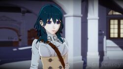 1girl 3d animated blue_eyes bouncing_breasts breast_expansion breasts female_byleth_(fire_emblem) female_focus fire_emblem fire_emblem:_three_houses full_body giant giantess grabbing_own_breast green_hair gtscasey height_growth highres large_breasts matching_hair/eyes medium_breasts medium_hair nintendo solo sound tagme video