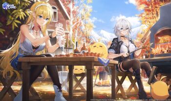 2girls azur_lane black_boots black_choker black_jacket black_pantyhose black_thighhighs blonde_hair blue_eyes blue_skirt boots breasts choker cleavage commentary english_commentary food grey_hair hair_between_eyes hairband highres jacket jewelry knee_boots long_hair manjuu_(azur_lane) multiple_girls necklace north_carolina_(azur_lane) official_art open_clothes open_jacket open_shirt outdoors pantyhose parted_lips second-party_source shirt short_hair sitting skirt sleeveless sleeveless_shirt sleeves_rolled_up smile swkl:d thighhighs washington_(azur_lane) white_boots white_hairband white_shirt