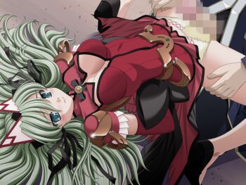 1boy 1girl 2000s_(style) aqua_eyes arms_behind_back bdsm blue_eyes blush bondage bound breasts censored cleavage cleavage_cutout closed_mouth clothing_cutout dress elbow_gloves elixir_rose game_asset gloves green_hair hair_ribbon headdress hetero imminent_penetration imminent_vaginal kagashima_itsuki large_breasts long_hair lying magical_girl mahou_senshi_(series) mahou_senshi_elixir_knights mosaic_censoring night non-web_source official_art outdoors panties penis ribbon saitou_natsuki self-datamine shoes solo_focus spread_legs underwear variant_set visual_novel_cg yellow_panties