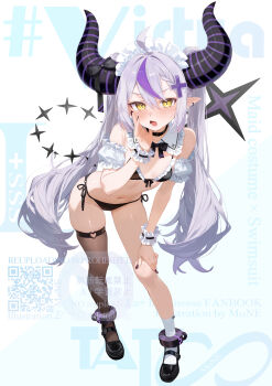 1girl absurdres ahoge alternate_costume alternate_hairstyle ankle_cuffs arched_back asymmetrical_legwear bikini black_bow black_choker black_horns black_nails black_pantyhose blue_background blush bow bow_bikini braid braided_bangs breasts character_name choker collar contrapposto demon_girl demon_horns detached_collar detached_sleeves dot_nose double-parted_bangs earrings english_text enmaided fang frilled_bikini frilled_collar frilled_sleeves frilled_wrist_cuffs frills full_body gradient_background grey_hair hair_between_eyes hair_intakes hand_on_own_cheek hand_on_own_face hand_on_own_knee hand_up heart heart_o-ring highres hololive horns huge_horns invisible_floor jewelry la+_darknesss leaning_forward loli long_hair looking_at_viewer maid maid_bikini mary_janes mismatched_legwear motoi_(croa76) multicolored_hair nail_polish navel o-ring o-ring_thigh_strap open_mouth pantyhose pointy_ears purple_horns purple_streaks shoes short_sleeves side-tie_bikini_bottom sidelocks single_hair_streak single_leg_pantyhose single_sock skin_fang skindentation slit_pupils small_breasts socks solo standing streaked_hair striped_horns swimsuit tail thigh_strap thighs twintails two-tone_hair unconventional_maid v-shaped_eyebrows very_long_hair virtual_youtuber watermark white_background white_socks wrist_cuffs yellow_eyes