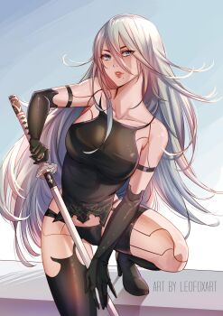 1girl a2_(nier:automata) absurdres android artist_name bare_shoulders black_gloves black_shorts black_tank_top black_thighhighs blue_eyes breasts collarbone commentary fingerless_gloves gloves hair_between_eyes highres joints kneeling large_breasts leofoxart long_hair long_hair_between_eyes looking_at_viewer mole mole_under_mouth nier:automata nier_(series) parted_lips robot_joints shorts sidelocks single_thighhigh solo tank_top thighhighs very_long_hair virtuous_contract white_hair