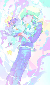 1boy absurdres ascot belt black_gloves black_jacket black_pants chibi colored_eyelashes galo_thymos gapamopa gloves green_hair half_gloves highres jacket lio_fotia multiple_belts pants parted_lips pastel_colors promare purple_eyes short_hair solo star_(symbol) thigh_belt thigh_strap white_ascot