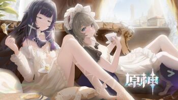 2girls black_bow black_bowtie black_hair blonde_hair blue_eyes blush bow bowtie chinese_commentary closed_eyes closed_mouth coffee columbina_(genshin_impact) commentary_request cup dress eye_mask genshin_impact hairband highres holding holding_cup long_hair long_sleeves mask multicolored_hair multiple_girls pink_hair plate sandrone_(genshin_impact) sleeveless sleeveless_dress smile wboss white_bow white_bowtie white_dress white_hairband white_mask