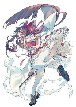 1girl absurdres ascot bow breasts brown_hair brown_shoes closed_mouth commentary expressionless floating_hair frilled_bow frilled_hair_tubes frilled_skirt frills from_side full_body gohei hair_bow hair_ribbon hair_tubes hakurei_reimu highres holding holding_gohei holding_ofuda large_bow long_hair looking_at_viewer medium_breasts ofuda red_bow red_eyes red_ribbon red_skirt ribbon ribbon-trimmed_sleeves ribbon_trim shoes sidelocks simple_background single_shoe skirt solo thighhighs thighs touhou very_long_hair white_background white_thighhighs wide_sleeves yamazaki_tsukune yellow_ascot