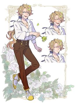1boy ano_amesuke bandaid bandaid_on_cheek bandaid_on_face bandaid_on_hand blonde_hair blue_eyes brown_pants commentary_request falling_petals flower full_body highres holding holding_flower jewelry long_hair male_focus multiple_expressions necklace open_mouth original pants petals rose smile solo white_flower white_rose yellow_flower yellow_rose