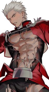 Rule 34 | 1boy, abs, absurdres, archer (fate), armor, blush, coat, commentary request, dark-skinned male, dark skin, fate/stay night, fate (series), fufudululu, highres, male focus, muscular, muscular male, red coat, solo, spiked hair, torn clothes, white hair