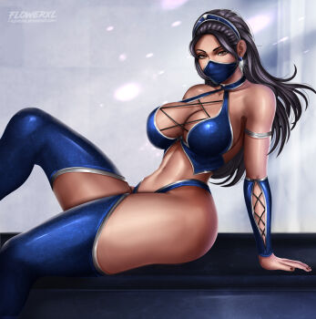 1girl black_hair blue_thighhighs breasts brown_eyes cleavage covered_mouth earrings elbow_gloves female_focus flowerxl gloves jewelry kitana large_breasts long_hair mask midway midway_games mortal_kombat_(series) mortal_kombat_9 ninja sitting solo thighhighs