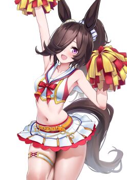 1girl :d animal_ears arm_up armpits belt belt_buckle bow breasts buckle cheerleader collarbone commentary_request cosplay cowboy_shot crop_top ear_ornament hair_over_one_eye herohero_(higashi_no_dou) highres holding holding_pom_poms horse_ears horse_girl horse_tail long_hair looking_at_viewer navel nice_nature_(run&amp;win)_(umamusume) nice_nature_(umamusume) nice_nature_(umamusume)_(cosplay) open_mouth pom_pom_(cheerleading) pom_poms ponytail purple_eyes red_bow rice_shower_(umamusume) sailor_collar simple_background skirt small_breasts smile solo standing standing_on_one_leg stomach tail thighhighs umamusume white_background white_skirt yellow_belt