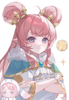 1girl 1kou1ge_huajuan ahoge blue_eyes blush bracelet brooch cape chinese_commentary closed_mouth commentary_request crossed_arms double_bun floating floating_object fur_trim gem hair_bun hair_ornament highres jewelry krithia_(roco_kingdom:_world) long_hair looking_at_viewer maodou_wawa_(roco_kingdom:_world) pink_hair pointy_ears poke_ball roco_kingdom roco_kingdom:_world sidelocks simple_background smile solo sparkle upper_body white_background