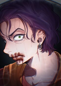 Rule 34 | 1boy, absurdres, blood, blood on mouth, closed mouth, commentary request, crying, earrings, green eyes, hair slicked back, highres, injury, jewelry, looking at mirror, looking at viewer, male focus, mirror, nekowaka smore, no i'm not a human, orange scarf, portrait, purple hair, red shirt, scarf, shirt, short hair, solo, stitched mouth, stitches, sweat, wireface (no i'm not a human)