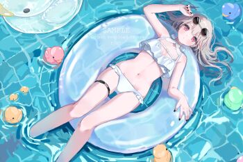 Rule 34 | 1girl, bikini, feet in water, from above, glasses on head, highres, innertube, lying, myon rio, navel, original, pool, red eyes, rubber duck, swim ring, swimsuit, thigh strap, white bikini