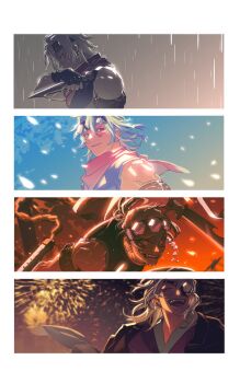 1boy black_shirt boosk_01 closed_eyes crazy_smile grey_hair grin highres holding holding_kunai holding_sword holding_weapon japanese_clothes kimetsu_no_yaiba kimono kunai long_hair male_focus multiple_views muscular muscular_male open_mouth profile rain red_eyes shirt sleeveless sleeveless_shirt smile solo sword teeth upper_body uzui_tengen weapon