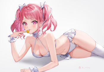 1girl :p bang_dream! bare_shoulders bikini bikini_skirt blush bow breasts candy chupa_chups cleavage closed_mouth collar collarbone commentary cowboy_shot detached_sleeves fingernails food frilled_collar frills gradient_background grey_background hair_bow halterneck hand_up holding holding_candy holding_food holding_lollipop light_smile lollipop looking_at_viewer lying maruyama_aya medium_breasts medium_hair navel on_side pink_eyes pink_hair rity shadow solo stomach swimsuit thigh_gap thighhighs tongue tongue_out twintails twitter_username white_bikini white_collar white_thighhighs wrist_cuffs