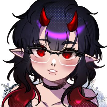 1girl artist_name black_choker black_hair blush choker collarbone commentary commission demon_girl demon_horns english_commentary glasses highres horns looking_at_viewer original parted_lips pointy_ears portrait red_eyes ryuuxin smile solo white_background
