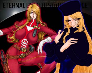 2girls absurdly_long_hair arm_rest belt belt_buckle black_dress blonde_hair blue_eyes bodysuit brown_belt buckle choker closed_mouth combat_knife commentary_request crossed_arms dress emeraldas eyelashes funeral_dress fur-trimmed_sleeves fur_trim ginga_tetsudou_999 gloves groin hair_ornament harlock_saga jewelry knife knife_sheath leotard long_hair maetel matsumoto_leiji_(mangaka) multiple_belts multiple_girls muscular muscular_female necklace orange_hair pirate_costume pirate_costume queen_emeraldas red_bodysuit red_dress red_eyes red_leotard scar scar_on_face sheath siblings sisters skinny skull skull_belt skull_hair_ornament skull_necklace sleeveless sleeveless_dress thick_eyelashes thick_thighs thighhighs thighs uchuu_kaizoku_captain_harlock very_long_hair weapon white_choker white_gloves white_thighhighs yuri_ai