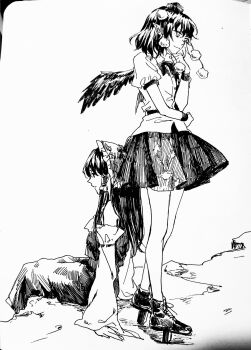 Rule 34 | 2girls, aihara-rina, ascot, bird wings, bow, bowtie, chinese commentary, closed mouth, collared shirt, commentary request, detached sleeves, feathered wings, frilled bow, frilled hair tubes, frills, geta, greyscale, hair bow, hair tubes, hakurei reimu, hat, highres, long hair, monochrome, multiple girls, pom pom (clothes), puffy short sleeves, puffy sleeves, ribbon-trimmed sleeves, ribbon trim, shameimaru aya, shirt, short sleeves, sitting, skirt, smile, tengu-geta, tokin hat, touhou, traditional media, wings