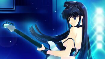 Rule 34 | 1girl, aquaplus, bare shoulders, black choker, black gloves, black hair, black hat, black skirt, blue background, blue eyes, breasts, choker, cleavage, crop top, game cg, gloves, guitar, hat, holding, holding guitar, holding instrument, instrument, large breasts, music, nakamura takeshi, non-web source, official art, partially fingerless gloves, playing instrument, skirt, smile, solo, touma kazusa, white album (series), white album 2
