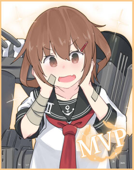 Rule 34 | 1girl, absurdres, bandaged arm, bandages, bandaid, bandaid on arm, bandaid on face, brown eyes, brown hair, cannon, commission, fang, hair ornament, hairclip, highres, ikazuchi (kancolle), inica, kantai collection, neckerchief, pixiv commission, red neckerchief, rigging, ship turret, short hair, skin fang, smokestack, solo, upper body