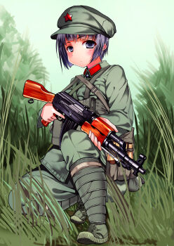 1girl assault_rifle bayonet boots closed_mouth collar_tabs collared_shirt combat_boots commentary commentary_request full_body grass green_boots green_hat green_pants green_shirt green_theme gun hat highres kalashnikov_rifle load_bearing_equipment long_sleeves mao_cap mao_suit military military_uniform nature original outdoors pants people's_liberation_army purple_eyes purple_hair puttee red_star rifle samazuka_mashiro shirt short_hair soldier solo star_(symbol) tall_grass third_indochina_war trigger_discipline type_56_assault_rifle weapon