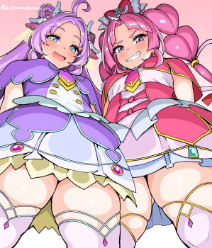 2girls :d absurdres ahoge akechi_anna blue_eyes blush bow braid buttons capelet commentary_request cure_answer cure_mystique dot_nose double-breasted double_bun dress from_below fuzidog gradient_background grin hair_bow hair_bun hair_intakes hair_ornament heart heart_hair_ornament heart_in_eye highres impossible_hair kobayashi_mikuru layered_skirt long_hair looking_at_viewer magical_girl meitantei_precure! multiple_girls open_mouth parted_bangs pink_capelet pink_dress pink_hair precure purple_capelet purple_dress purple_eyes purple_hair red_bow sidelocks simple_background skirt smile symbol_in_eye thighhighs thighs twin_braids twitter_username white_thighhighs zettai_ryouiki