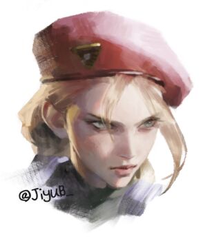 1girl blonde_hair cammy_white closed_mouth commentary english_commentary hat jiyub lips nose red_hat simple_background street_fighter twitter_username white_background