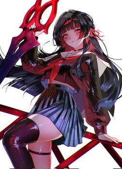 1girl arm_cutout black_choker black_hair black_serafuku black_shirt black_skirt black_thighhighs blush chisa_(wuthering_waves) choker clothing_cutout commentary corrupted_twitter_file hair_ribbon highres holding holding_sword holding_weapon long_hair long_sleeves mole mole_under_eye neckerchief parted_lips red_eyes red_neckerchief red_ribbon ribbon sailor_collar sanya_(sanya_lox228) school_uniform serafuku shirt signature simple_background single_thighhigh skirt solo sword tacet_mark_(wuthering_waves) thigh_strap thighhighs thighs weapon white_background white_sailor_collar wuthering_waves